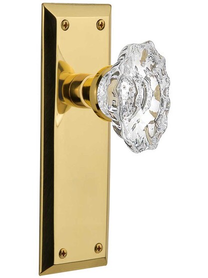 New York Door Set with Chateau Crystal Glass Knobs in Un-Lacquered Brass.